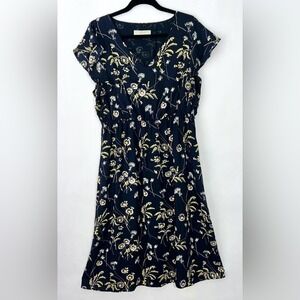 LOFT Navy Yellow Floral Ruffle Elastic Waist Midi Chiffon Dress Large